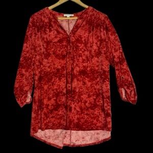 Notations Burgundy Tunic Top Marbled Roll Tab Sleeves Bibbing On Shoulders 1X